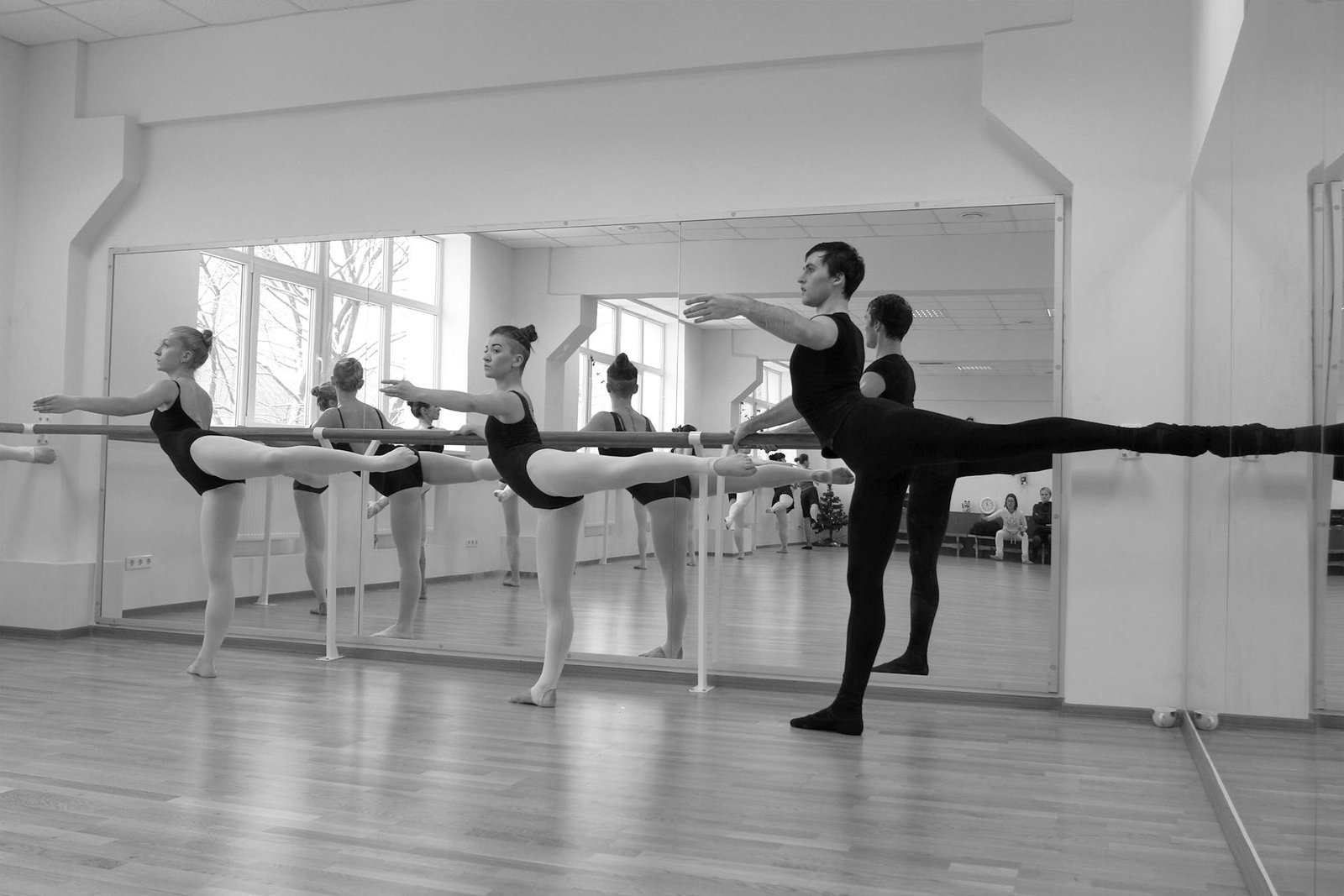 Group of ballet dancers practicing at the barre in a mirrored studio.